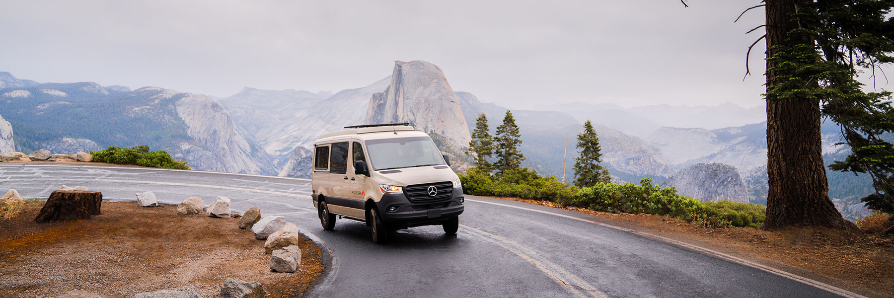 Moterra Mercedes Sprinter Campervan on Road Trip Through Yosemite with Half Dome in Background