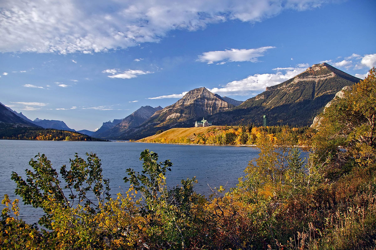 Distant View of Prince of Wales Hotel Across Upper Waterton Lake, Alberta, Canada